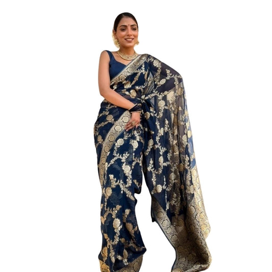 Dark Blue Silk Printed Saree