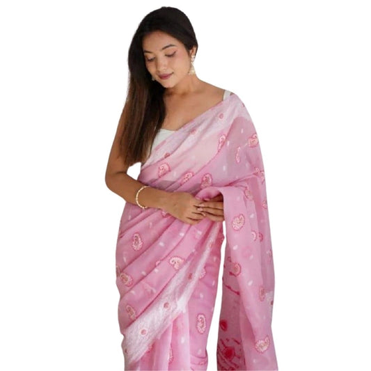 Pink Cotton Printed Saree