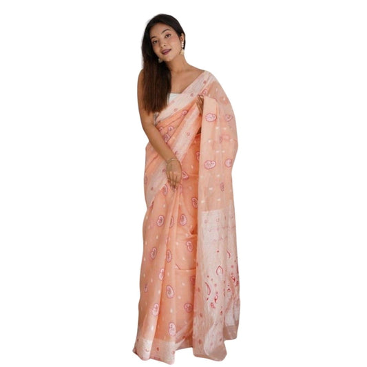 Peach Cotton Printed Saree