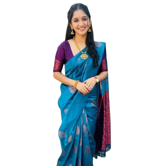 Rama Blue Silk Printed Saree