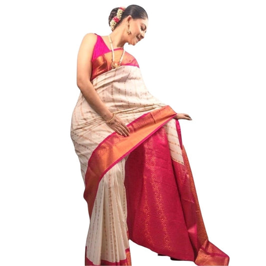 White-Pink Silk Printed Saree