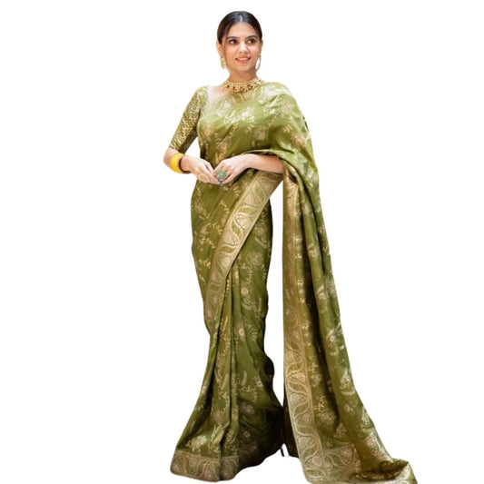 Olive Green Silk Printed Saree