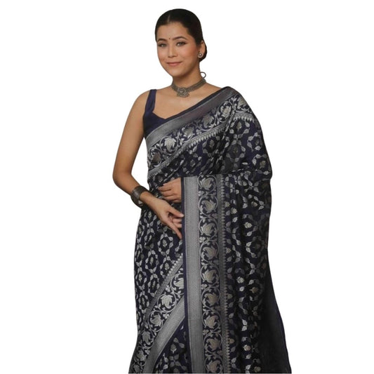 Navy Blue Silk Printed Saree
