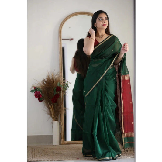 Dark Green Cotton Printed Saree