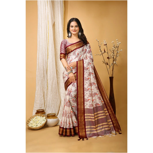 Maroon Cotton Silk Printed Saree