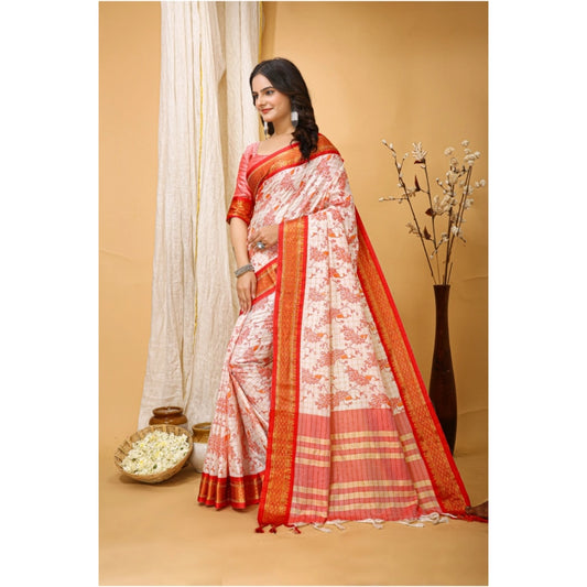 Red Cotton Silk Printed Saree