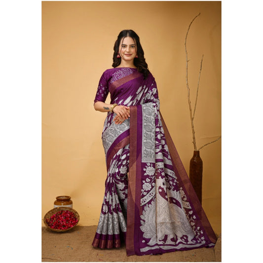 Purple Handloom Cotton Kalamkari Saree