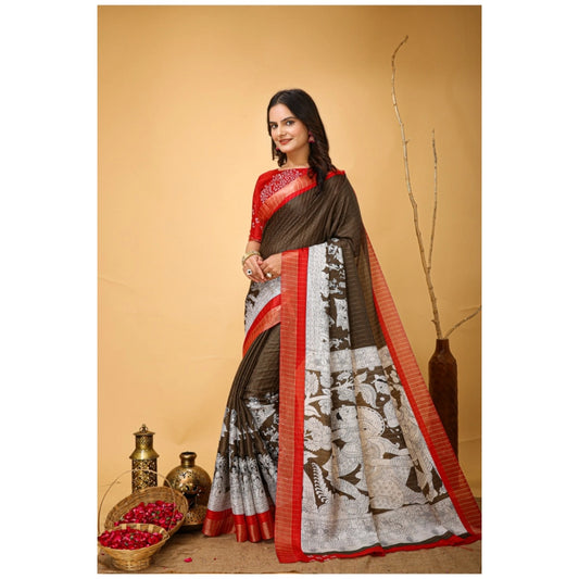 Brown Handloom Cotton Kalamkari Saree