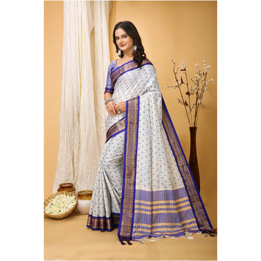 Purple & Cream Soft Cotton Silk Printed Saree