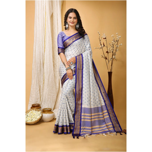 Purple & Cream Soft Cotton Silk Printed Saree