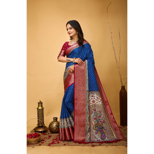 Blue & Maroon Dola Cotton Kalamkari Saree