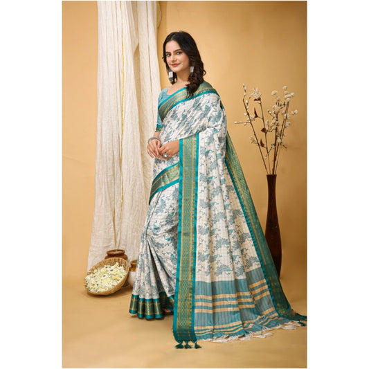 Turquoise Cotton Silk Printed Saree