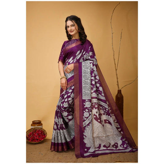 Purple Handloom Cotton Kalamkari Saree
