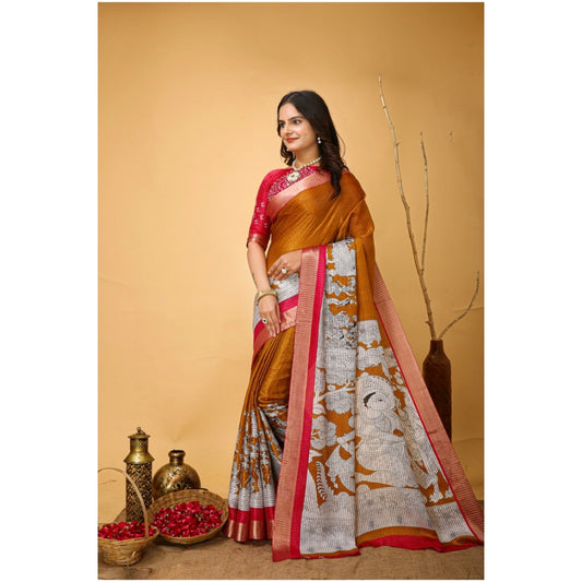 Mustard Handloom Cotton Kalamkari Saree