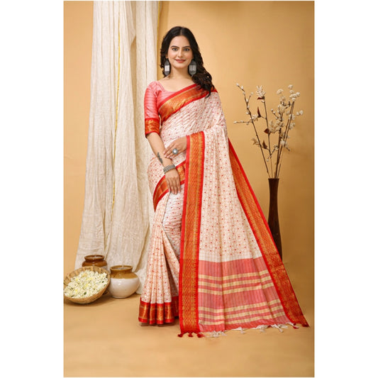 Red & Cream Soft Cotton Silk Printed Saree