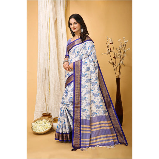Purple Cotton Silk Printed Saree