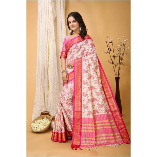 Pink Cotton Silk Printed Saree