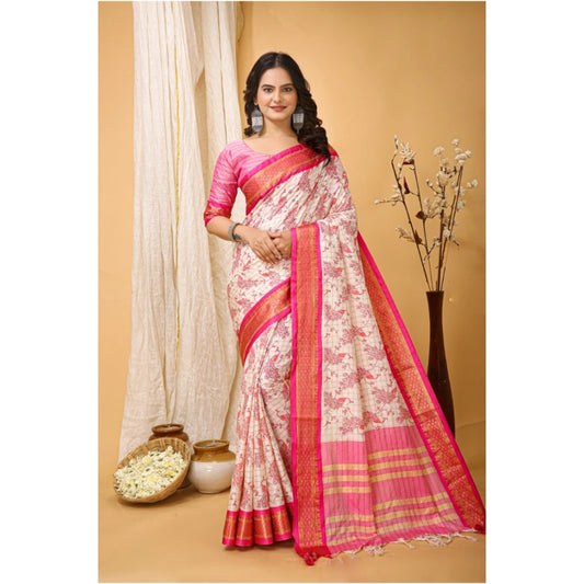 Pink Cotton Silk Printed Saree
