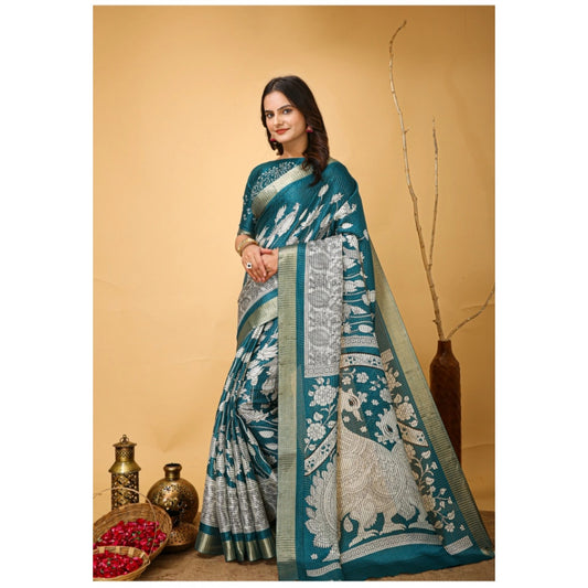 Turquoise Handloom Cotton Kalamkari Saree