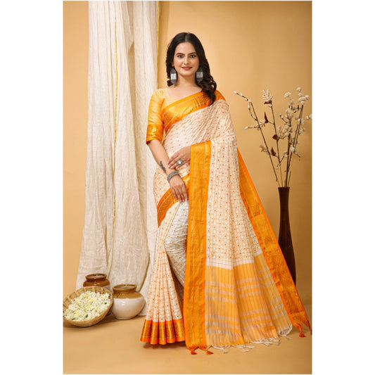 Yellow & Cream Soft Cotton Silk Printed Saree