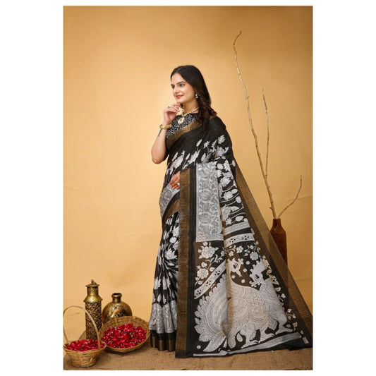 Black Handloom Cotton Kalamkari Saree