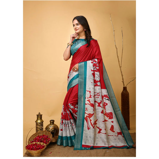 Red Handloom Cotton Kalamkari Saree