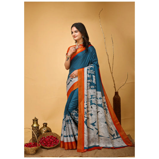 Teal Blue Handloom Cotton Kalamkari Saree