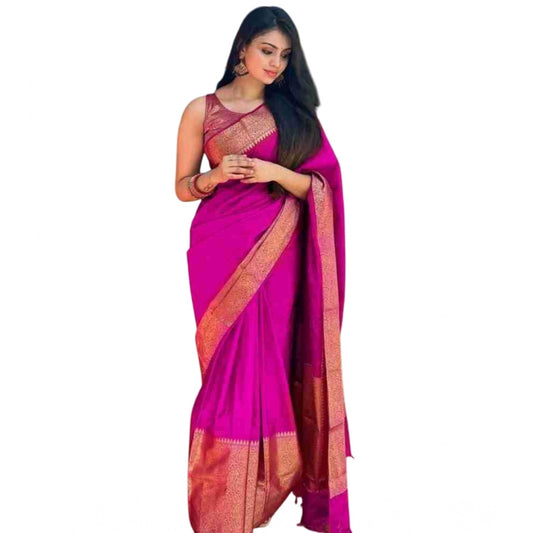 Pink Lichi Silk Solid Saree
