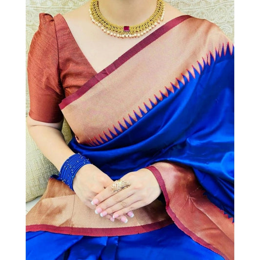 Blue & Copper Lichi Silk Solid Saree