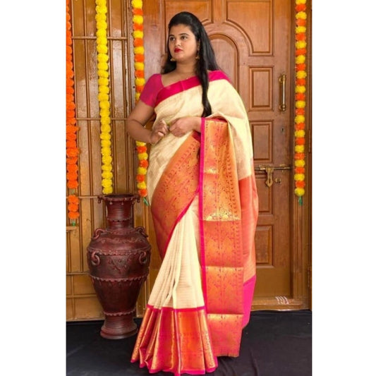 Cream Lichi Silk Saree