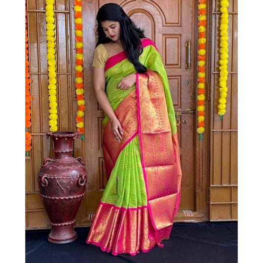 Lime Green Lichi Silk Saree