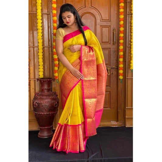 Yellow Lichi Silk Saree