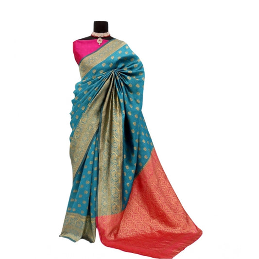 Aqua Blue Banarasi Printed Saree