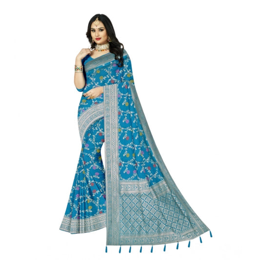 Aqua Blue Banarasi Printed Saree