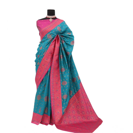 Aqua Blue Banarasi Printed Saree