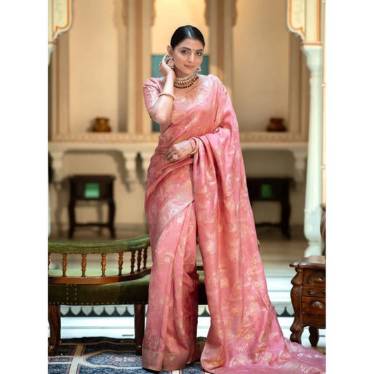 Generic Women's Art Silk Embellished Kanjivaram Saree With Unstitched Blouse (5.5Mtr, Peach)