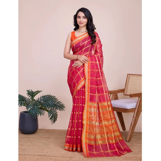 Generic Women's Cotton Silk Checkered Kota Doria Saree With Unstitched Blouse (5.5Mtr, Red)