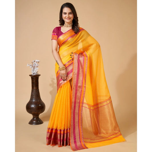 Generic Women's Cotton Blend Woven  Saree With Unstitched Blouse (5.5Mtr, Yellow)