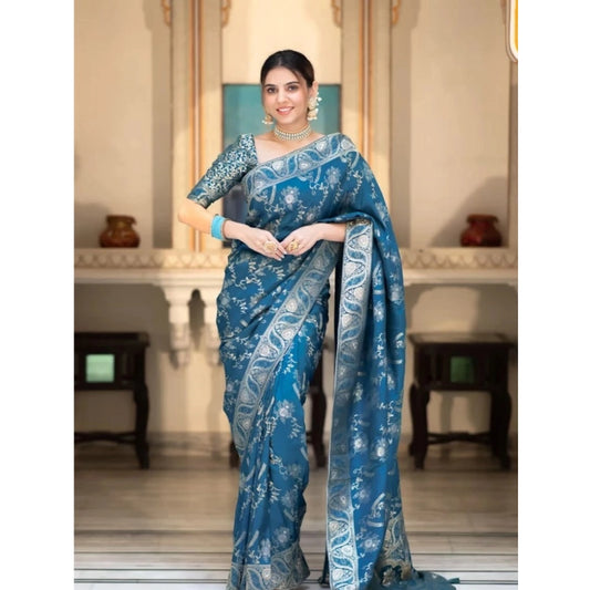 Generic Women's Art Silk Embellished Kanjivaram Saree With Unstitched Blouse (5.5Mtr, Rama)