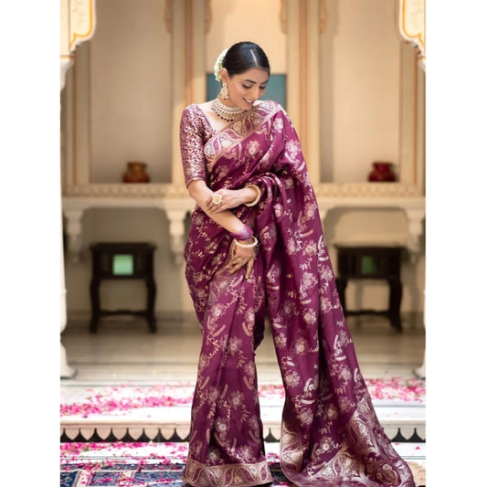 Generic Women's Art Silk Embellished Kanjivaram Saree With Unstitched Blouse (5.5Mtr, Purple)
