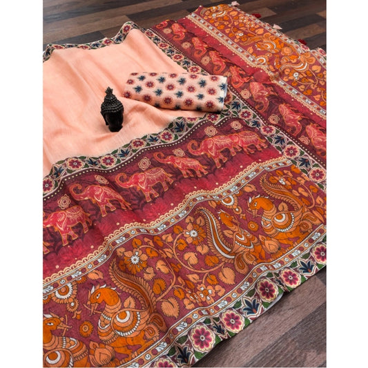 Peach Linen Madhubani Saree