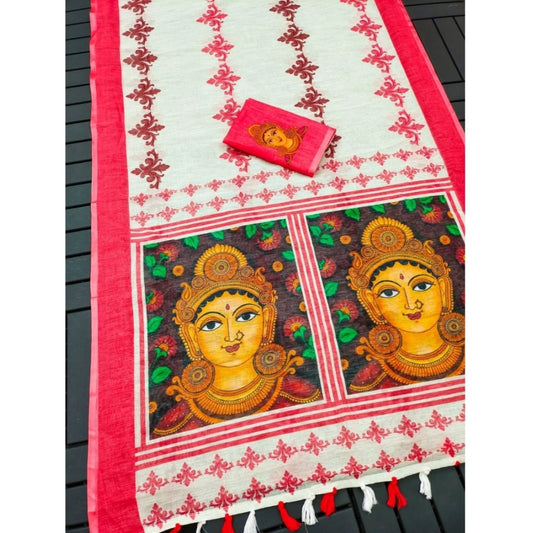 White Linen Temple Art Saree