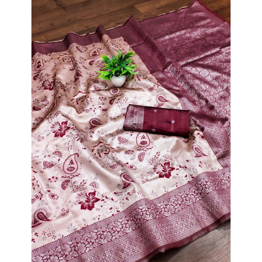 Generic Women's Banarasi Jacquard Printed Saree With Unstitched Blouse 5.5Mtr (Wine)