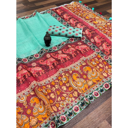 Turquoise Linen Elephant Print Saree