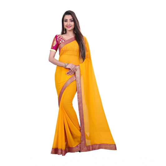 Generic Women's Chiifon Saree Printed Saree With Unstitched Blouse 5.5Mtr (Yellow)