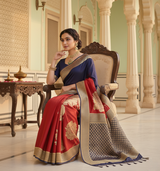 Navy Blue & Red Banarasi Silk Saree