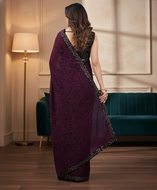 Wine Lycra Floral Saree