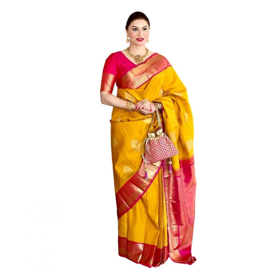 Yellow Litchi Silk Printed Saree