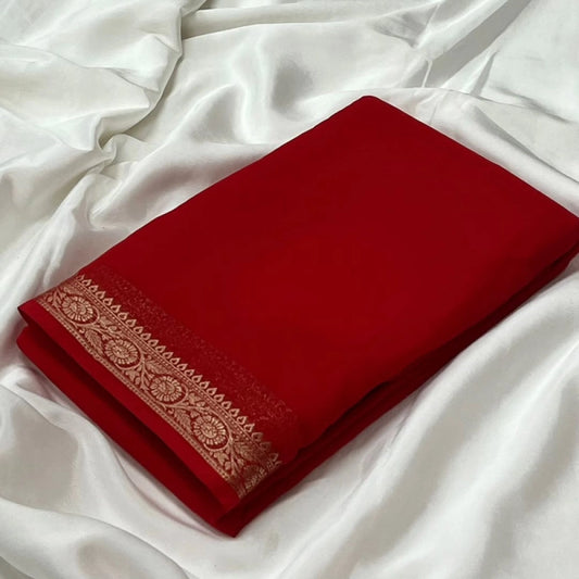 Generic Women's Crepe Chit Pallu Solid Saree With Unstitched Blouse 5.5Mtr (Red)