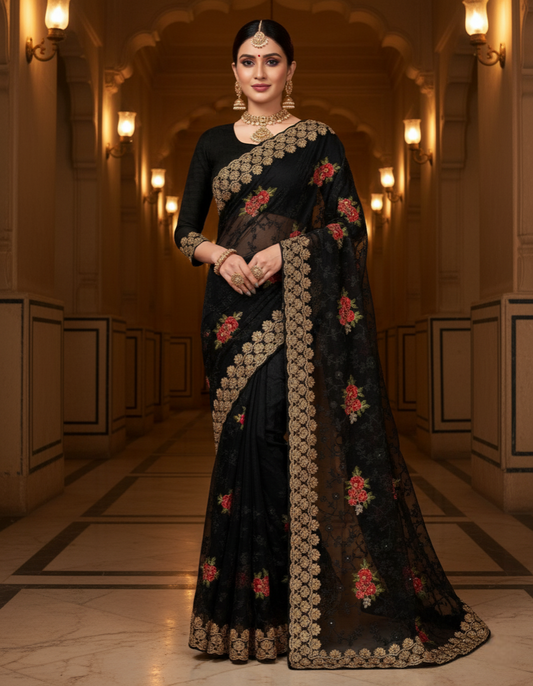 Black Net Saree